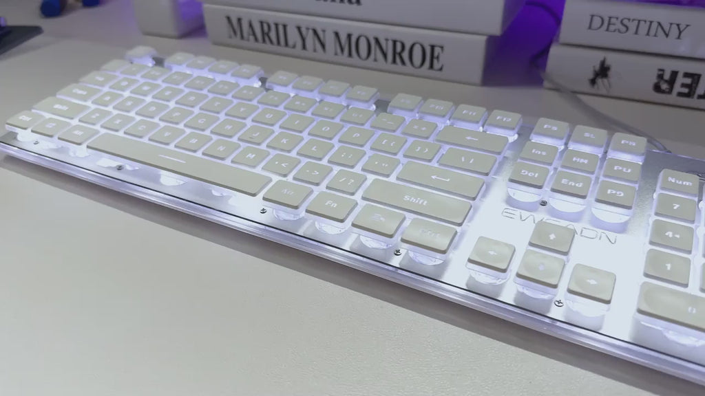 EWEADN GX710S Office Keyboard silent, All-Metal Panel 104 Keys Wired with Water Drop Keycaps, for Game and Office White & Black
